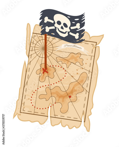 Pirate treasure map with coordinates, pirate flag, skull crossbones and old ancient earth
