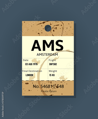 Old vintage luggage tag. Baggage checks or ticket for passenger flight. Baggage ticket for passengers at airport. Detail grunge passport for stamps, tag registered. Amsterdam, Europe country label