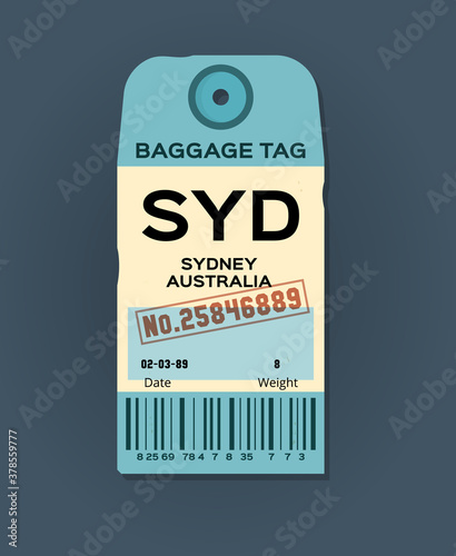 Old vintage luggage tag. Baggage checks or ticket for passenger flight. Baggage ticket for passengers at airport. Detail grunge passport for stamps, tag registered. Sydney, Australia country label