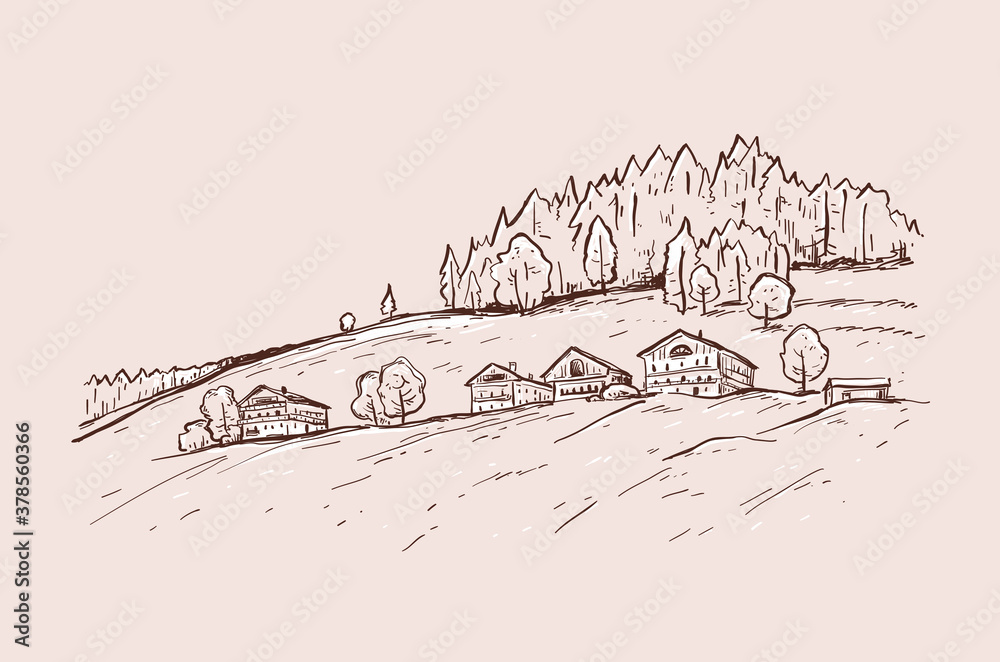 Rural landscape with sunrise. Italy, Europe. Santa Maddalena. Val di Funes valley. Sketch vector illustration with a church, village houses on the hill.