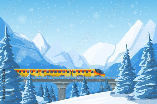 High-speed train traveling by rail, on a bridge, among mountains, snow-covered hills, winter forest pines and hills. Winter fir trees in snow among snow-capped mountains landscape illustration