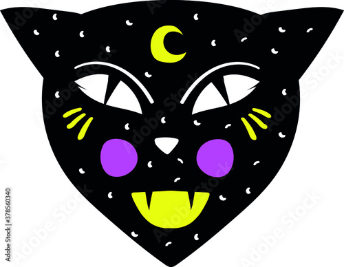 Halloween ornate black cat mask. Demonic cartoon kitty with yellow moon on forehead. Flat vector illustration.  