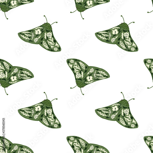 Green folk moles seamless hand drawn pattern. Stylized insect isolated ornament on white background.