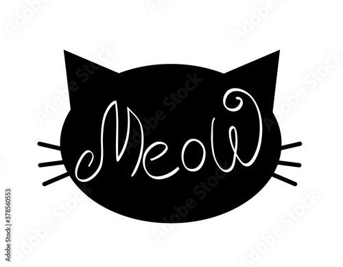Meow word in cat face with whiskers. Vector illustration.