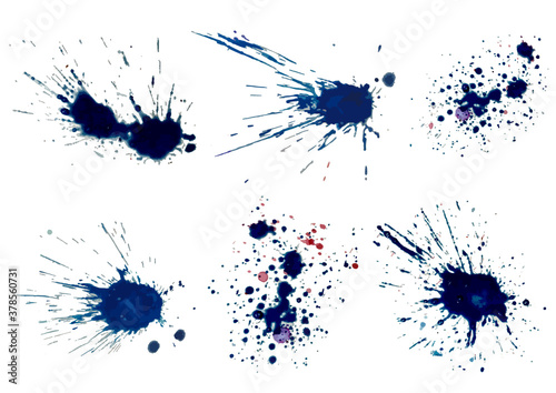 Vector set of blue ink volume splash, blots Grunge textured element for design, artistic background