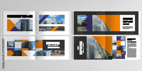 Vector layouts of horizontal presentation templates for landscape design brochure, cover design, book design, magazine. Abstract design project in geometric style with squares and place for photo. photo