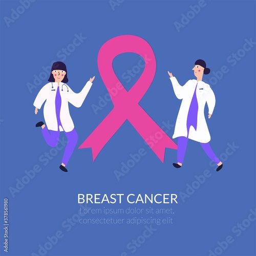 Two female doctors point to a pink ribbon and talk about breast cancer prevention. Medicine, the concept of women's health.