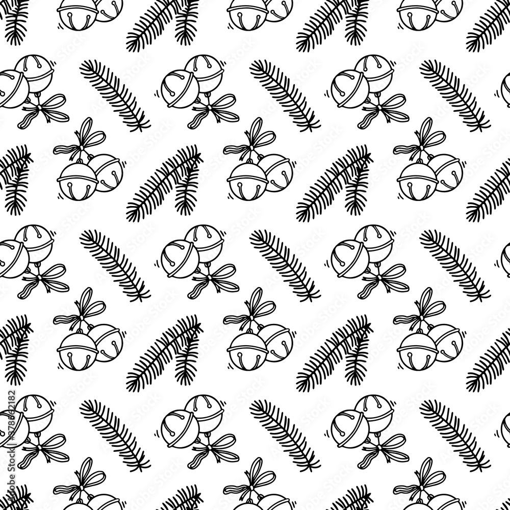 Linear New Year seamless pattern. Coloring page for adults and children on white background in cartoon style. Pattern with Christmas tree branches and bells