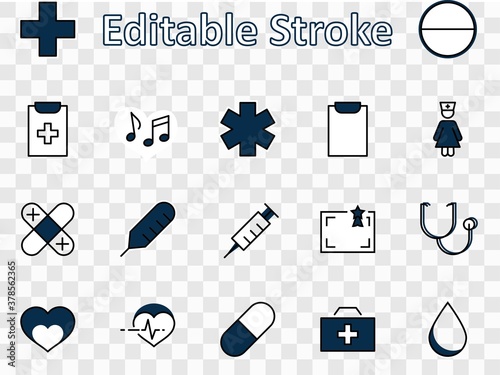 Set of Medicine vector line icons. It contains the first aid kit, nurse, syringe, thermometer, plastic, pills, heart, drop of blood, palpitation and much more. Editable Stroke. 32x32 pixels.