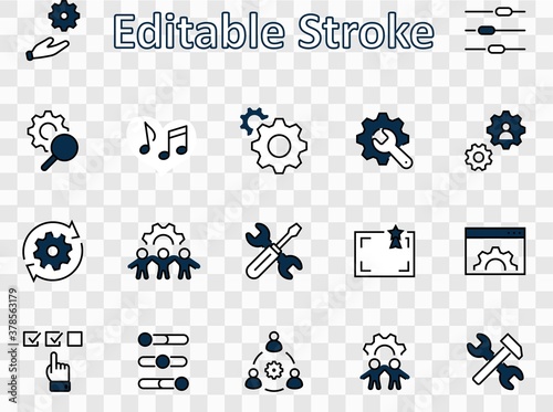 Set of Settings and Setup Vector Line Icons. Contains such Icons as Gear, Setting, Control, Iinstall, Options, Service, and more. Editable Stroke. 32x32 Pixels.