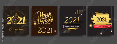 Happy New Year 2021 invitation card with glitter isolated on black background, text design gold colored, vector sets for calendar and greeting card.