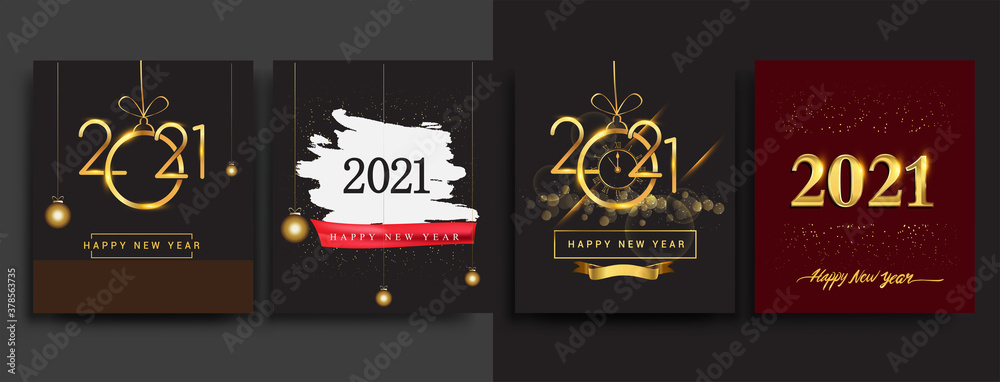 Happy New Year 2021 invitation card with glitter isolated on black background, text design gold colored, vector sets for calendar and greeting card.