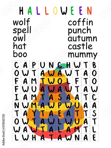 Easy halloween word search puzzle for kids stock vector illustration. Educational english word game for elementary and middle school students. Funny word search printable vertical children worksheet  photo