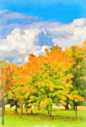 Watercolor drawing. Autumn maple grove. Digital painting - illustration