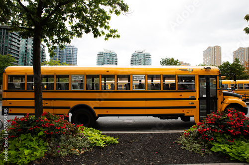 Typical yellow school bus parked in Toronto, Ontario, Canada