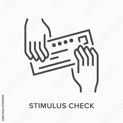 Hands giving bank check flat line icon. Vector outline illustration of payment, voucher. Stimulus cheque thin linear pictogram