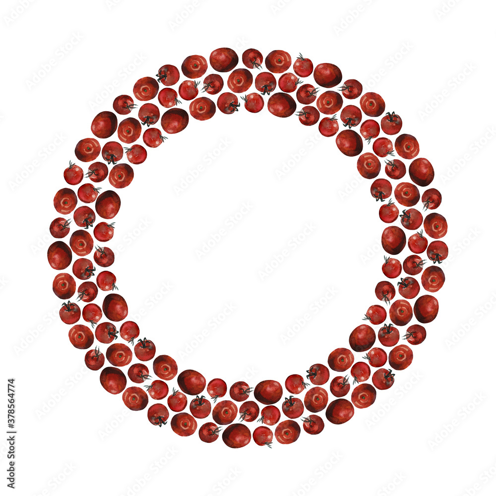 Obraz premium Round frame of red tomatoes, isolated on white. Watercolour illustration. For invitations, cards, harvest festival decoration, menu, recipe, cookbook, stationery and packaging design.