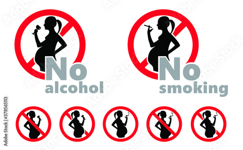 Warning caution no alcohol or smoke during pregnancy period Stop drinking signs Pregnant woman Vector wine bottle and glass No Ban allowed logo icons Forbid alcohols drink Forbidden smoking pictogram