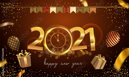 Happy New Year 2021 - New Year Shining background with gold clock and glitter.