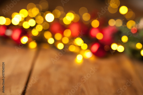 Unfocus golden red bokeh christmas background with copyspace