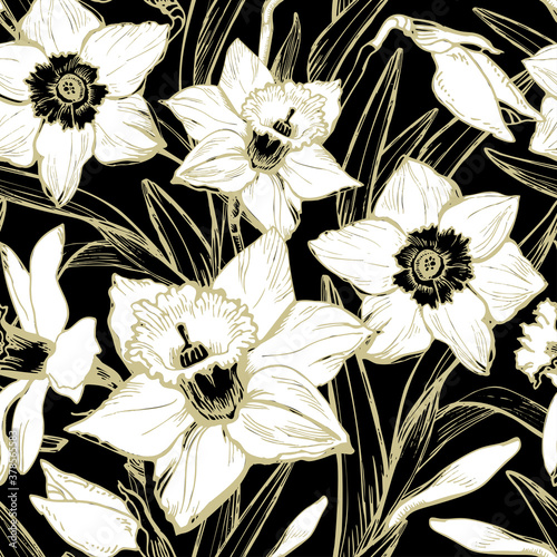 Monochrome botanical seamless pattern with white hand drawn silhouettes and contours of leafs and flowers Narcissus, Daffodil. Botanical manual graphic for textile floristic design fabric, package.