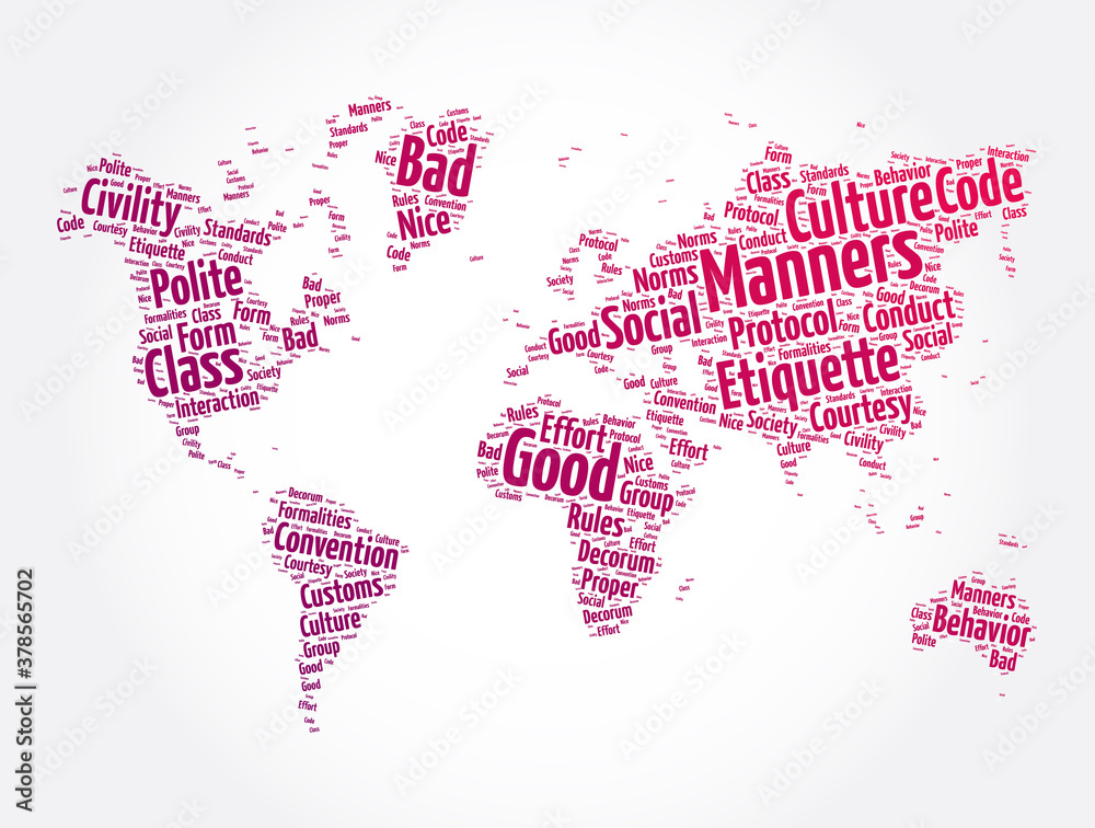 Manners word cloud in shape of world map, concept background