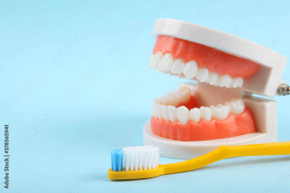 Dental model of teeth and dental care products on colored background with place for text Dental model of teeth and dental care products on colored background with place for text