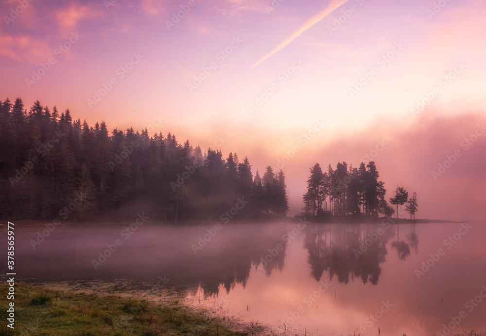 Mystical light in the early morning. Landscape with Shiroka polyana (Wide meadow) Rodophe mountain. Bulgaria