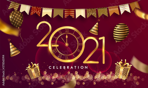 Happy New Year 2021 - New Year Shining Background with Gold Clock and Glitter.