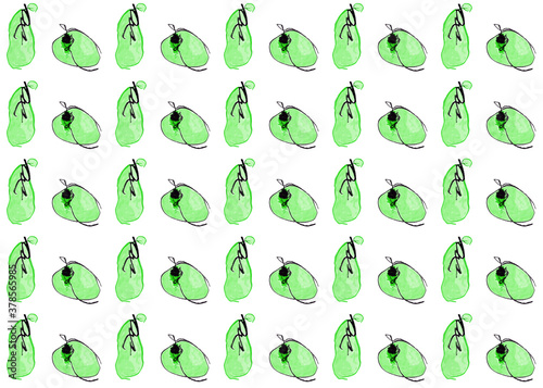 Seamless pattern with funny fruits - green apple and a pear on white.  Pop art, naive art, children's drawing style. Design for fabric, backgrounds, wallpapers, covers and packaging, wrapping paper.
