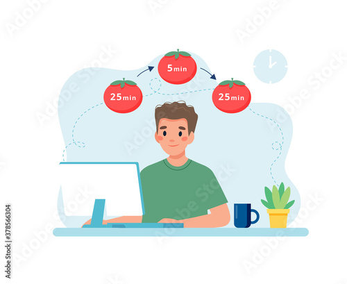 Man working with computer using time management. Pomodoro technique concept