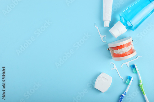 Dental model of teeth and dental care products on colored background with place for text