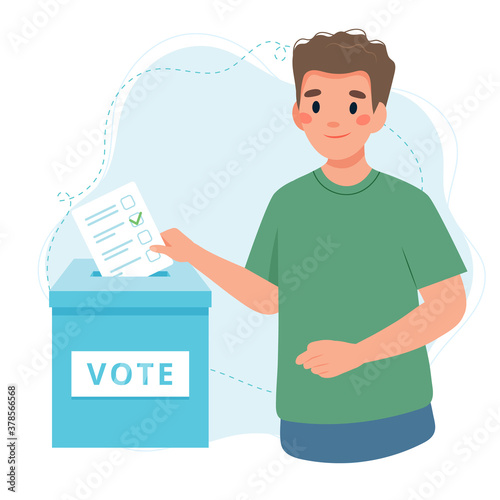 Young man putting vote into the ballot box. Election concept.