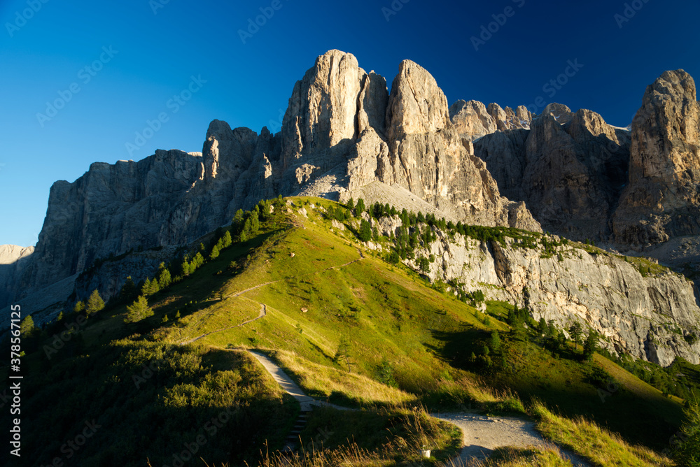 Gardena Pass in Italy Dolomites Alps evening nice weather extra wide panorama