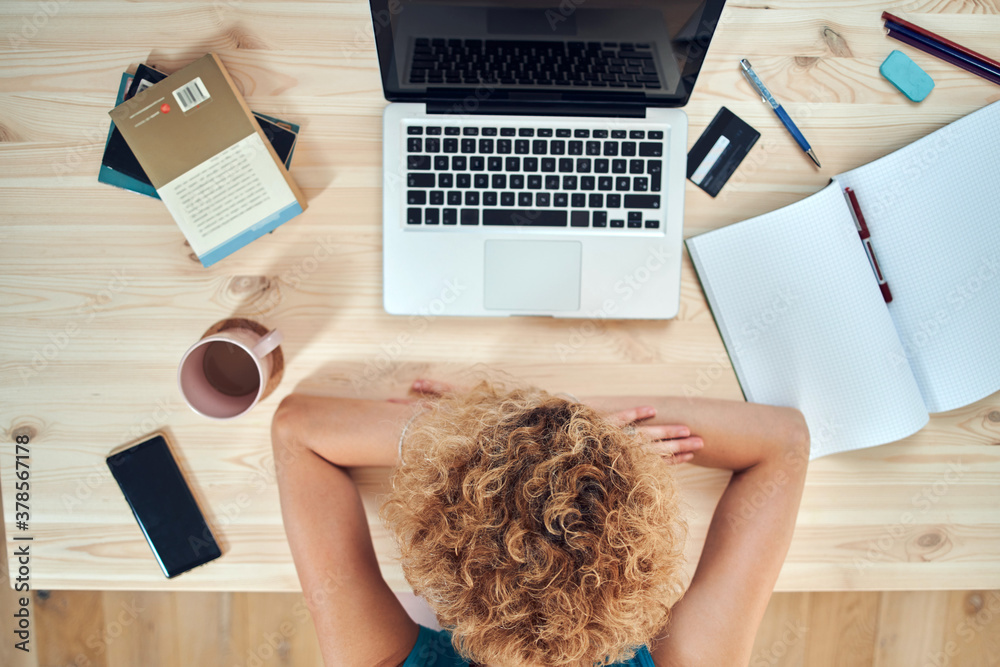 Woman sleeping on her desk at home while working remotely freelance job. Modern problems and issues with working from home. - obrazy, fototapety, plakaty 
