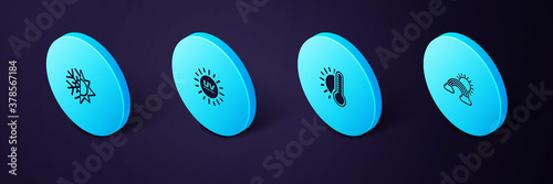Set Isometric Rainbow with clouds and sun, Thermometer, UV protection and Sun snowflake icon. Vector.