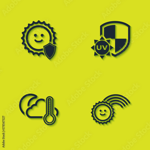 Set UV protection, Rainbow with sun, Thermometer and cloud, moon and icon. Vector.