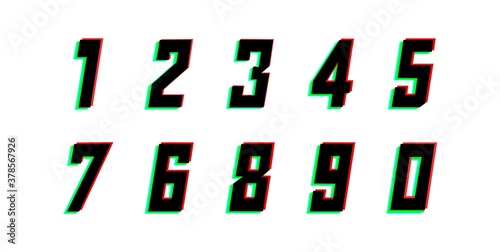 Number set, vector desing logo alphabet .Dynamic, split-color, shadow of  number red, green, blue in black frame on white background.