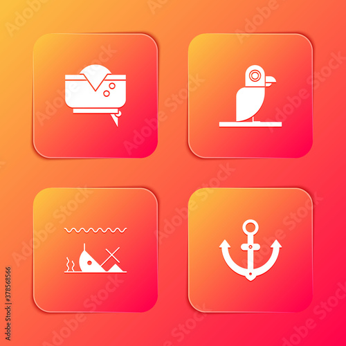 Set Pirate hat, parrot, Sunken ship and Anchor icon. Vector.