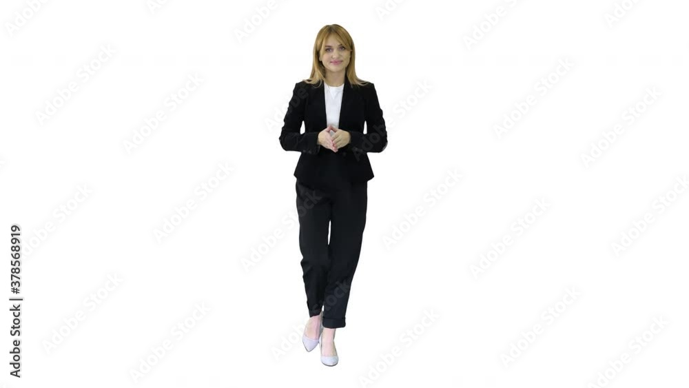 Female presenter blond woman walking and pointing to the sides on white background.