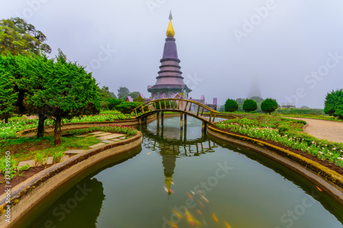 Beautiful landscape aerial view of Doi Inthanon in morning time  background buddhist stupa landmark tourism at Chiang Mai of north Thailand. © nopporn