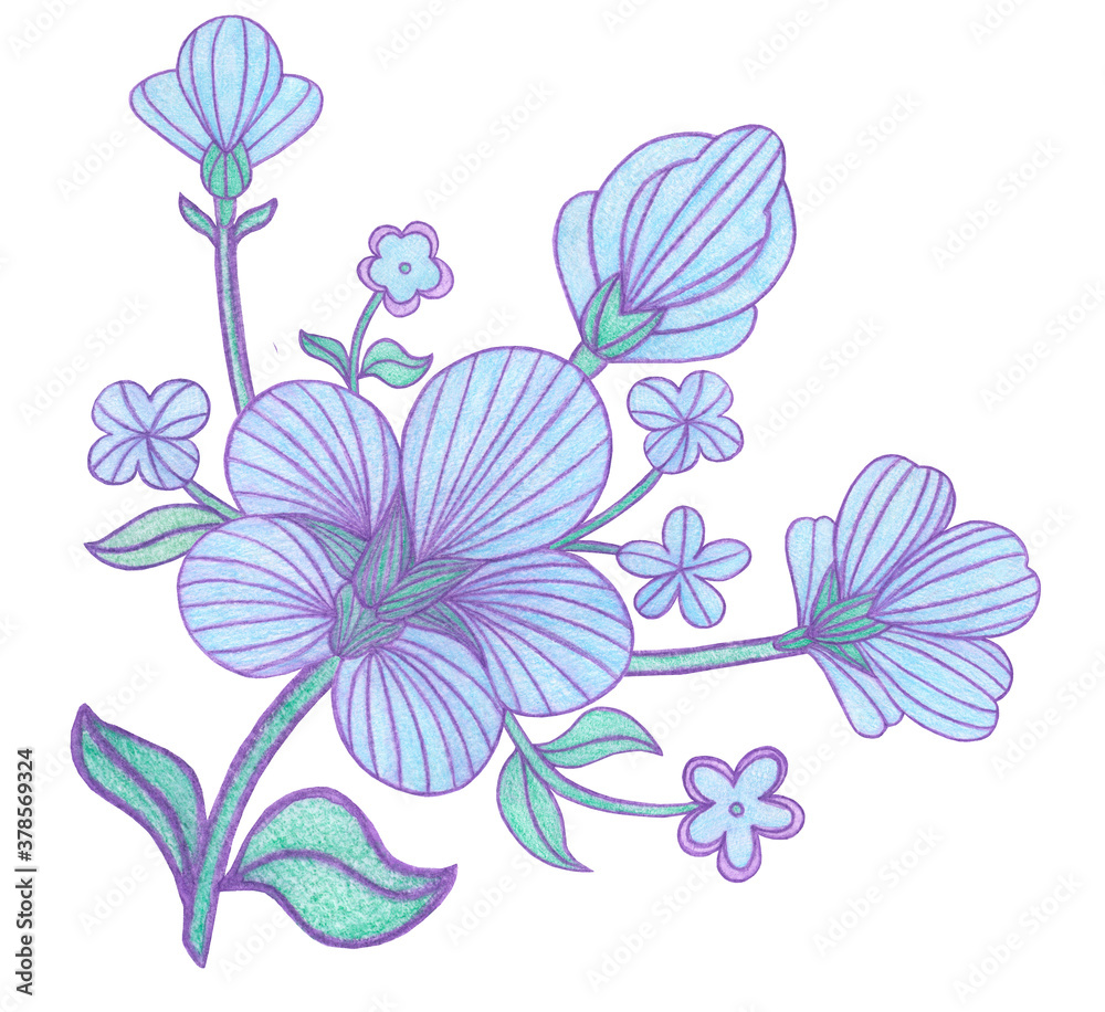 Decorative ornamental Blue flowers in Russian Gzhel style isolated on white background