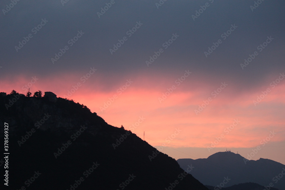 Pink sunset over the mountains