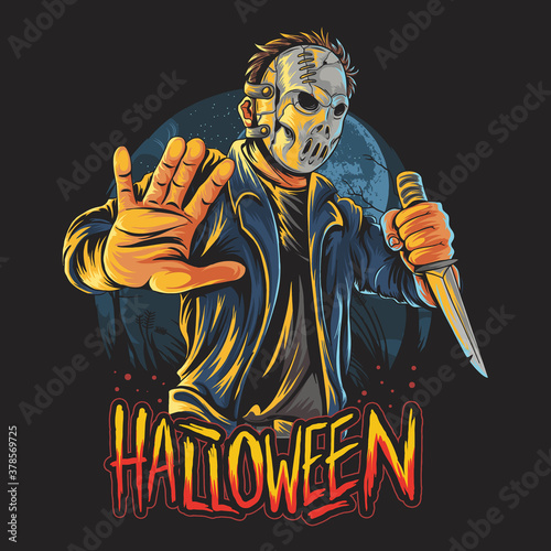 masked man halloween costume party with knife in hand