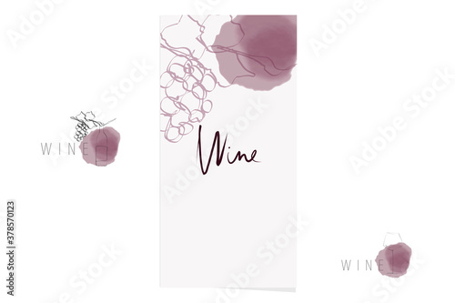 Hand-drawn design elements on the theme of wine. Bunch of grapes, glass of wine, bottle. Continuous line drawing. Watercolor spot. Vector