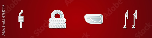 Set Car muffler, tire, door handle and Windscreen wiper icon. Vector.