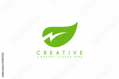 Green energy Leaf logo design with energy bolt icon, vector illustration