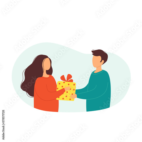 A young man gives a woman a gift box with a bow. Postcard concept for birthday, valentine's day, new year, christmas, family holiday. Isolated vector illustration in flat style