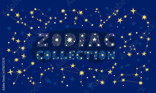 Zodiac signs vector collection of 12 horoscope constellations isolated on midnight blue background. Aries, Taurus, Leo, Gemini, Virgo, Scorpio, Libra, Aquarius, Sagittarius, Pisces, Capricorn, Cancer.