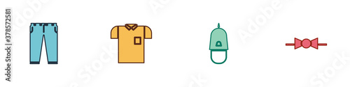 Set Pants, Polo shirt, Police cap with cockade and Bow tie icon. Vector.